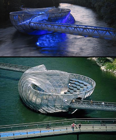 Aiola Island Bridge, Mur River in Graz, Austria