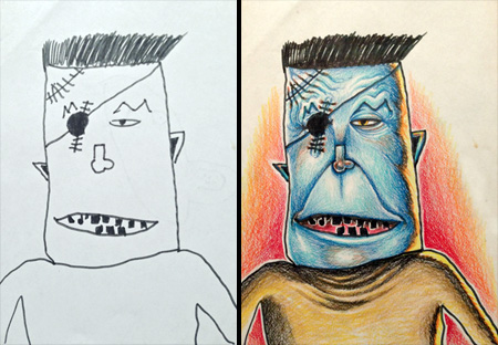 Father Colors His Kids Drawings
